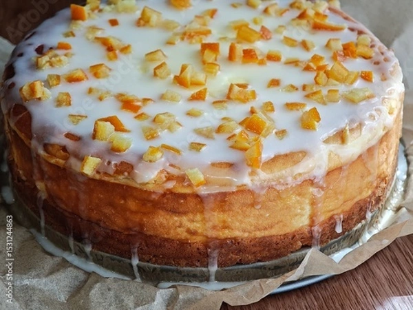 Obraz classic cheesecake made of ground cottage cheese, decorated with icing and candied orange peel