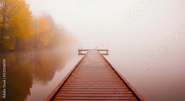 Fototapeta A wooden dock stretching into a misty lake with trees in the background on an overcast day