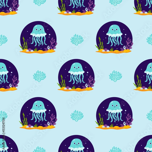 Fototapeta Underwater Seamless Pattern. Cute Sea Jellyfish with algae and seabed on light blue Background. Vector Illustration. Kids collection