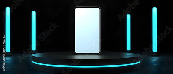 Fototapeta A phone is on a stand in front of a blue background
