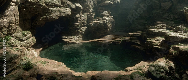 Fototapeta A small pond is surrounded by rocks , stock photo