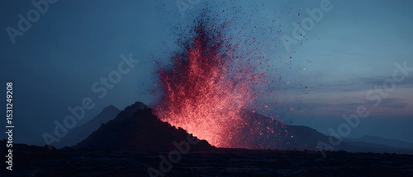 Fototapeta A volcano is erupting with lava and ash