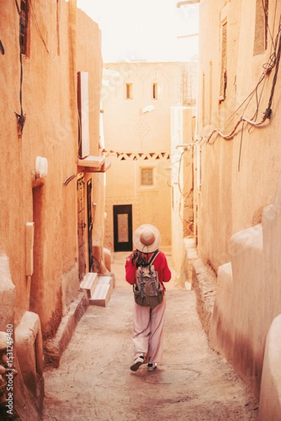 Fototapeta Female tourist exploring ancient Moroccan architecture, enjoying the unique atmosphere of a traditional village