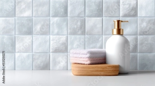 Fototapeta White Soap Dispenser and Pink Towels on Wooden Block Against Shiny White Tiles