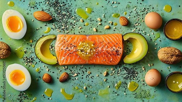 Fototapeta Salmon, avocado, eggs, almonds, and nuts arranged on a textured surface.