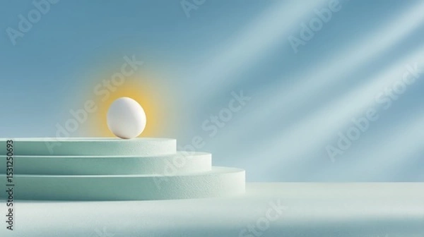 Fototapeta White Sphere on Textured Blue Steps with Soft Sunlight