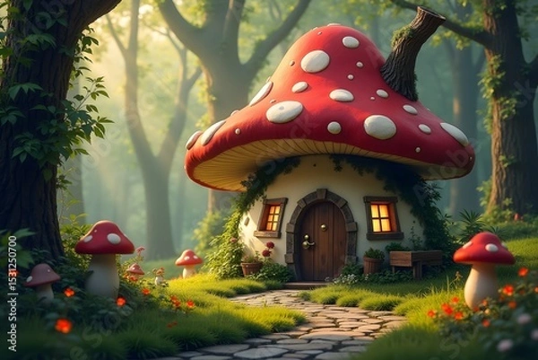 Fototapeta Enchanting mushroom house in a fairy tale forest with stone path and glowing windows