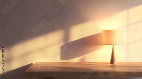 Fototapeta diseño de un cuarto o habitacion con una mesa de madera y una lampara iluminando el cuarto con espacio de copia sencillo y elegante