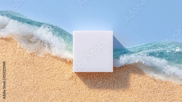 Fototapeta White Square Mockup on Sandy Beach with Ocean Waves