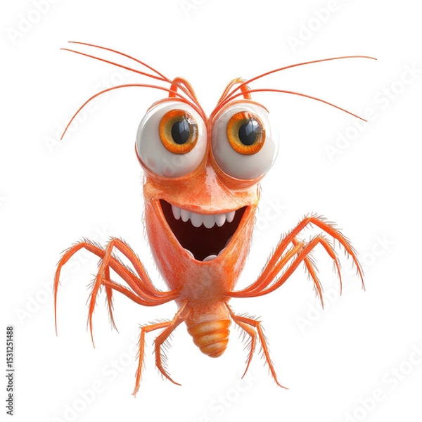 Fototapeta Vibrant animated shrimp character with big eyes smiling cheerfully in bright colors
