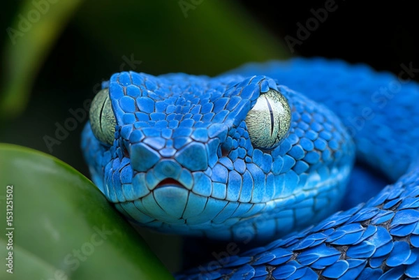 Fototapeta Close-up view of a vibrant blue venomous snake.