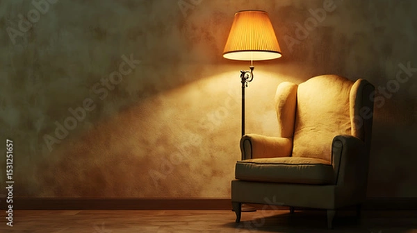 Fototapeta una lampara encendida junto a un sillon individual  junto a un muro o pared con espacio de copia estilo de vida de lujo  elegante 