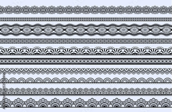 Fototapeta Lace pattern. Black trim border. Fabric texture with simple frame. Geometric jacquard ornament. Mesh embroidery print. Elegant tape. Decorative ribbon lines set. Vector seamless design