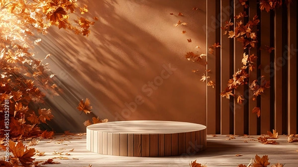 Fototapeta Autumnal display podium with falling leaves.