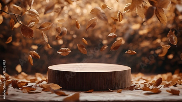 Fototapeta Wooden podium surrounded by autumn leaves in a soft light.