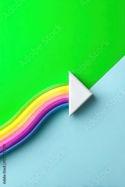 Fototapeta White Triangle Arrow Bending Across Split Green and Blue Background with Rainbow