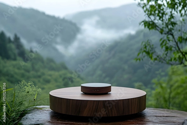Fototapeta A wooden platform holds a modern device against a backdrop of misty mountains.