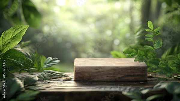 Fototapeta Wooden platform in a lush green forest setting.