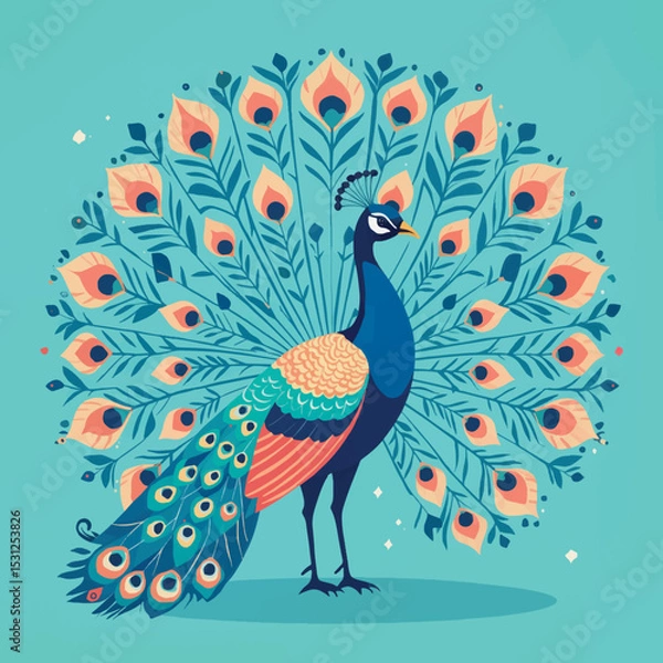 Obraz Colorful peacock displaying feathers against turquoise background