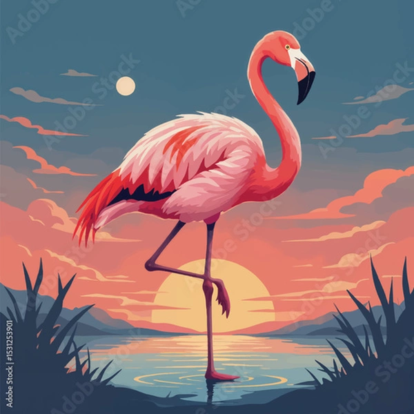 Obraz Flamingo standing by a lake at sunset