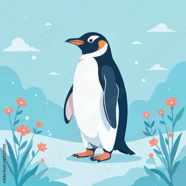 Obraz Penguin standing among colorful flowers against a blue backdrop