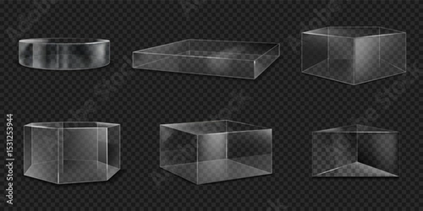 Obraz Transparent podium. Glass cylinder or cube. 3D clear box. Product platform display. Plastic pedestal. Plexiglass stand mockup. Glossy abstract figure. Vector render geometric forms set