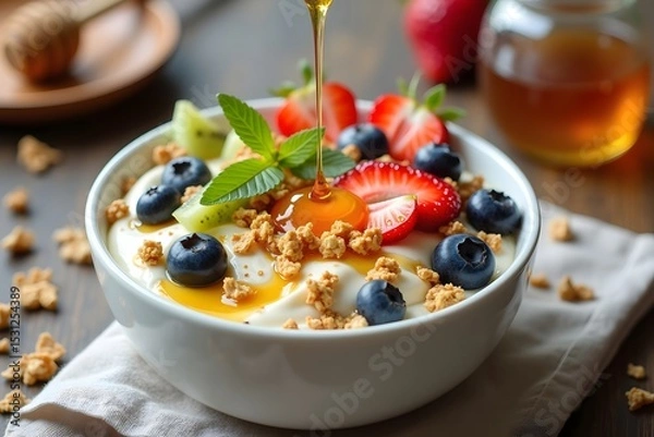Fototapeta Delicious breakfast yogurt bowl with fresh berries honey and granola on a wooden table