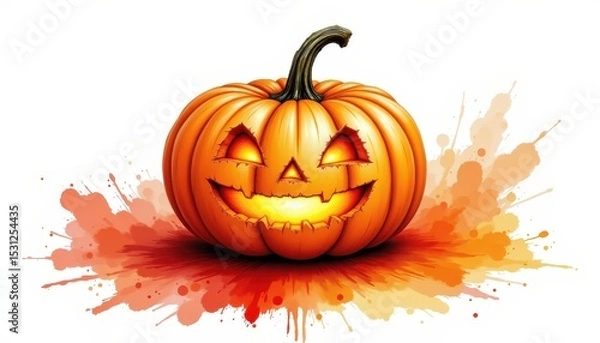 Fototapeta a bold watercolor impression of carved pumpkin, in an expressive watercolor style, with amber and rust shades, on textured paper, dynamic brushwork, feathered contours, vibrant details