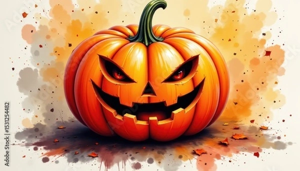 Fototapeta a bold watercolor impression of grinning jack o lantern, in an expressive watercolor style, with neon orange and soot black shades, on textured paper, dynamic brushwork, feathered contours