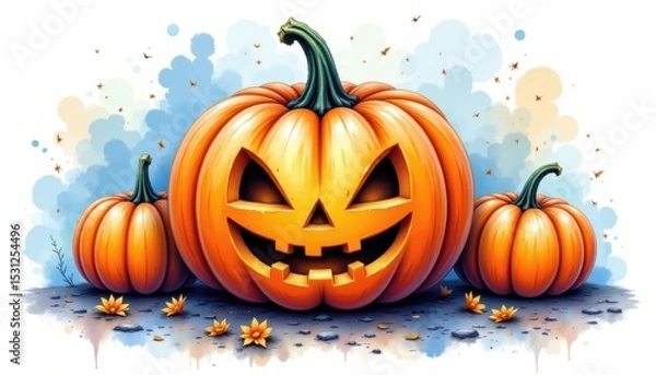 Fototapeta a bold watercolor impression of whimsical carved pumpkin, in an expressive watercolor style, with butternut and twilight blue shades, on textured paper, dynamic brushwork, feathered contours