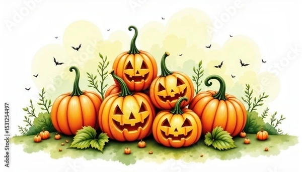 Fototapeta a bold watercolor impression of stacked carved pumpkins, in an expressive watercolor style, with saffron and moss green shades, on textured paper, dynamic brushwork, feathered contours