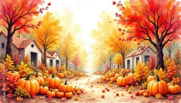 Fototapeta a bold watercolor impression of harvest themed fall festival, in an expressive watercolor style, with maple red and straw yellow shades, on textured paper, dynamic brushwork, feathered contours