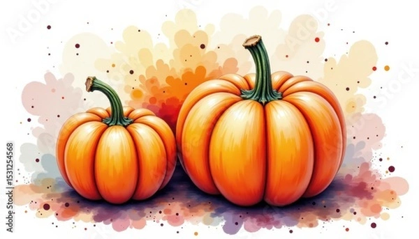Fototapeta a bold watercolor impression of heirloom autumn squash, in an expressive watercolor style, with plum and burnt sienna shades, on textured paper, dynamic brushwork, feathered contours, vibrant details