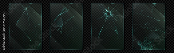 Fototapeta Glass crack. Broken window. Mirror or phone screen with shatters. Break effect or smash pane texture. Demolished transparent glossy surface. Windshield debris. Vector backgrounds set