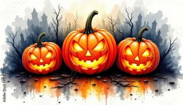 Fototapeta a bold watercolor impression of spooky jack o lantern trio, in an expressive watercolor style, with ink black and flaming tangerine shades, on textured paper, dynamic brushwork, feathered contours