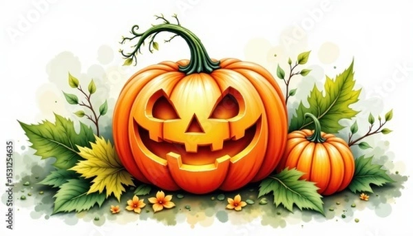 Fototapeta a bold watercolor impression of carved pumpkin in leaves, in an expressive watercolor style, with rust orange and leafy green shades, on textured paper, dynamic brushwork, feathered contours