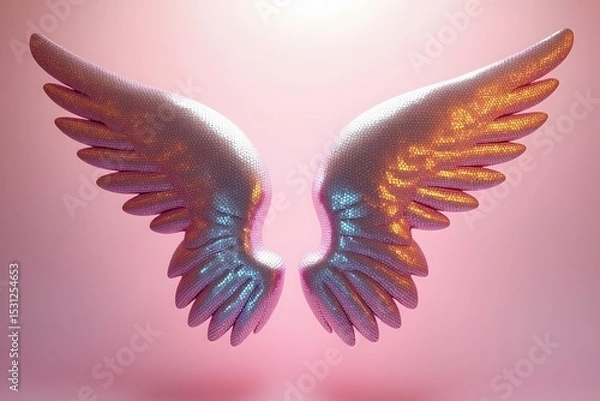 Fototapeta Stunning 3d rendered iridescent angel wings against a beautiful soft pink background gradient.