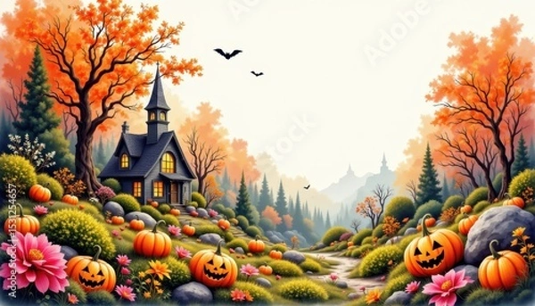 Fototapeta a bold watercolor impression of halloween themed garden, in an expressive watercolor style, with moss and clay orange shades, on textured paper, dynamic brushwork, feathered contours, vibrant details