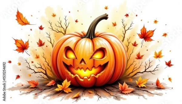 Fototapeta a bold watercolor impression of jack o lantern with leaves swirling, in an expressive watercolor style, with autumn gold and bark brown shades, on textured paper, dynamic brushwork