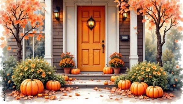 Fototapeta a bold watercolor impression of halloween porch setup, in an expressive watercolor style, with cedar brown and glowing peach shades, on textured paper, dynamic brushwork, feathered contours