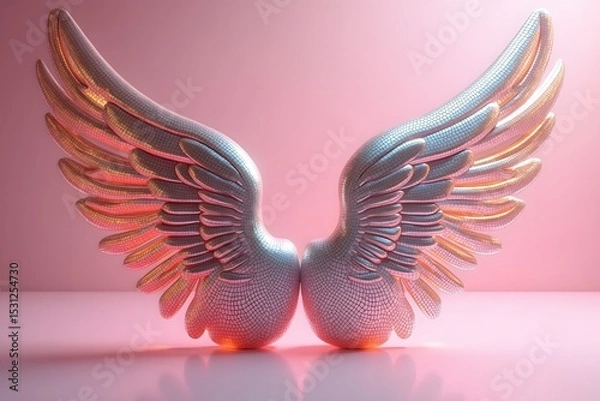 Fototapeta 3d rendered angel wings displaying mosaic texture against pink background with soft lighting