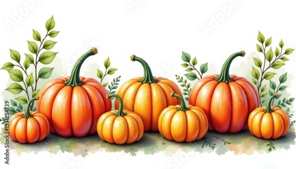 Fototapeta a bold watercolor impression of mixed autumn squash display, in an expressive watercolor style, with cranberry and evergreen shades, on textured paper, dynamic brushwork, feathered contours