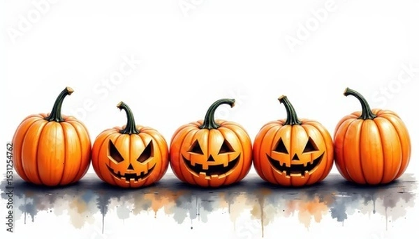 Fototapeta a bold watercolor impression of carved halloween pumpkins in row, in an expressive watercolor style, with steel gray and copper tones, on textured paper, dynamic brushwork, feathered contours