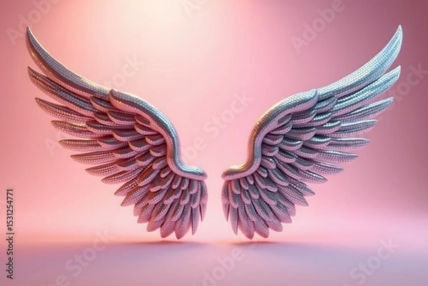 Fototapeta 3d rendered silver angel wings floating against a soft pink gradient background
