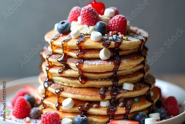Fototapeta Delicious stack of pancakes with berries syrup whipped cream marshmallows and sprinkles