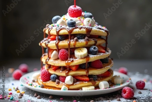 Fototapeta Delicious stack of pancakes with various fruits chocolate syrup and whipped cream breakfast dessert