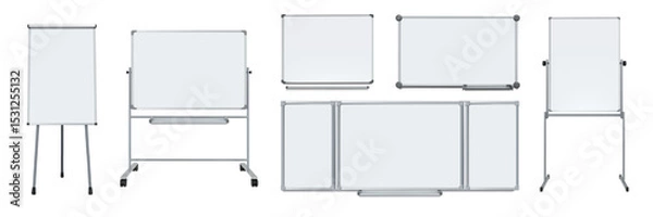 Fototapeta Presentation board. Office whiteboard. 3D school study workshop or education item. Class screen. Chalkboard on wall or tripod. Magnetic noticeboard. Vector isolated white blackboards set