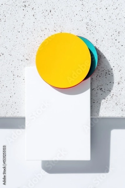 Fototapeta Yellow and Teal Circles on White Card Against Textured Background