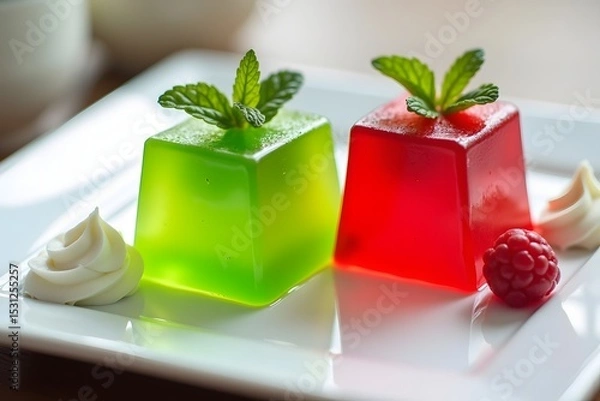 Fototapeta Delicious square jellies garnished with mint leaves and served with whipped cream and raspberry