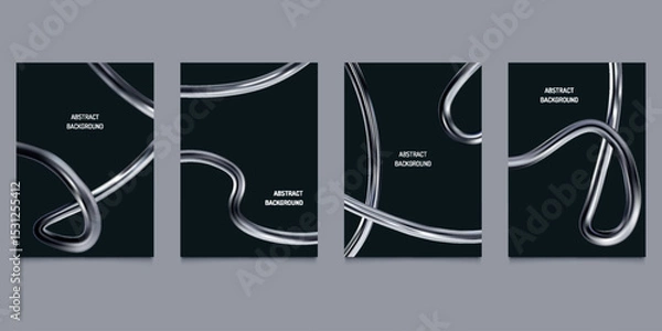 Fototapeta 3D chrome shape. Abstract metal y2k spiral. Silver fluid line and steel liquid tube. Swirl bent pipe figure. Polished curl form. Futuristic tech banner. Vector black backgrounds set